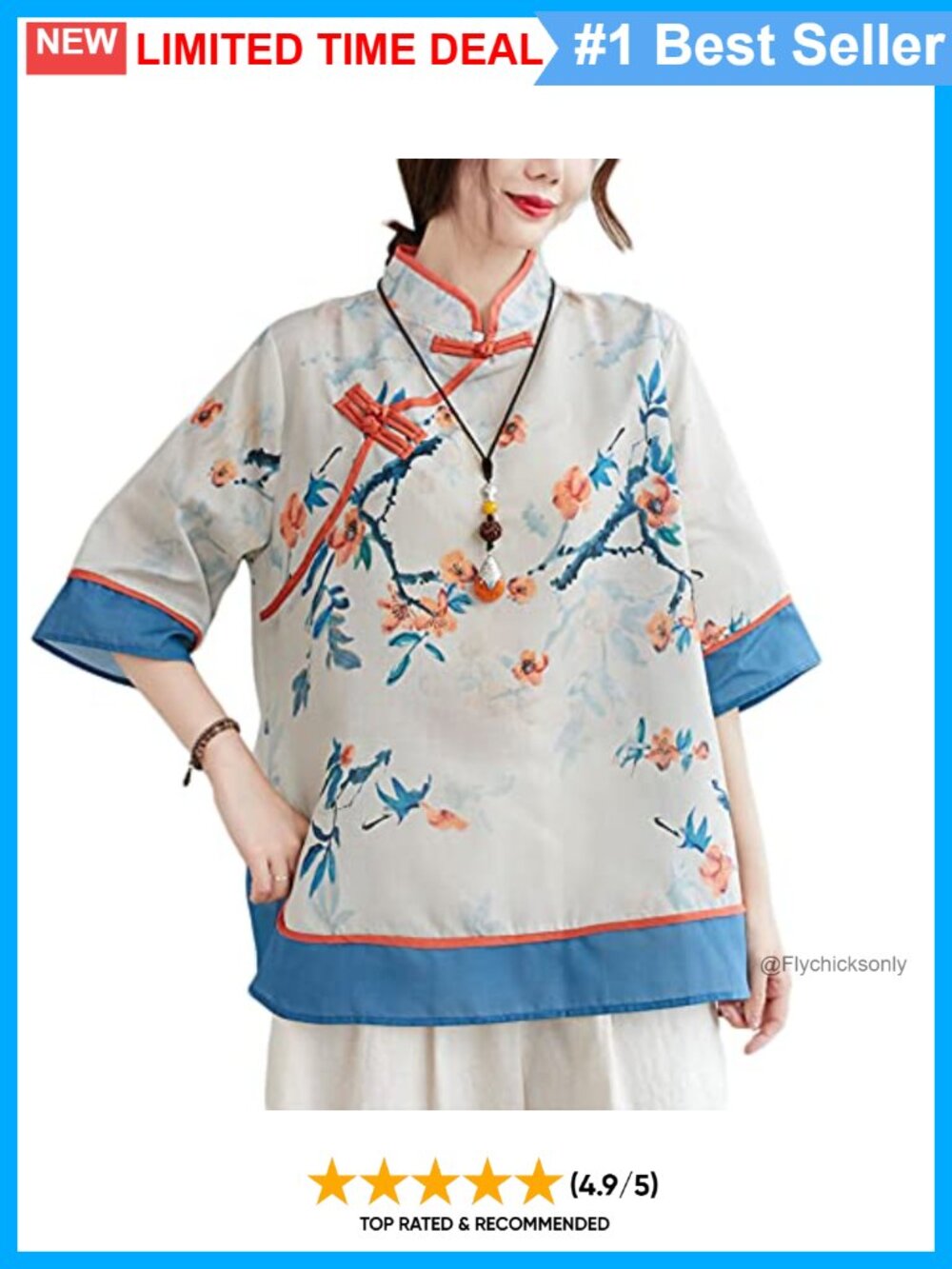 Linen Qipao Shirt Floral Tunic Top Frog Button Summer Blouse